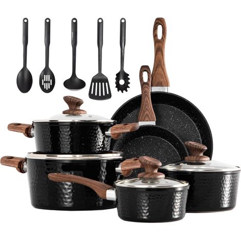 Set of 15 Non-Stick Induction Frying Pans and Saucepans Hammered Aluminium Crepe Pancakes PFOA-Free Glass Lids (1/5)