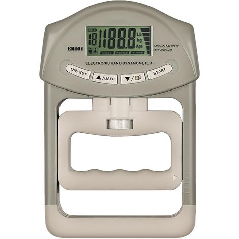 Dynamomètre numérique de force de préhension, 90 kg (198 lbs), avec câble de chargement USB, appareil de mesure électronique de la force de préhension, grand écran LED, gris et blanc. (1/5)