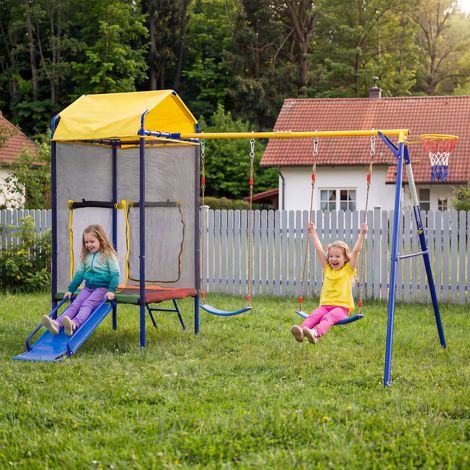 REDOM Parque infantil de exterior trampolín con columpio doble tobogán canasta red de seguridad hierro (1/5)