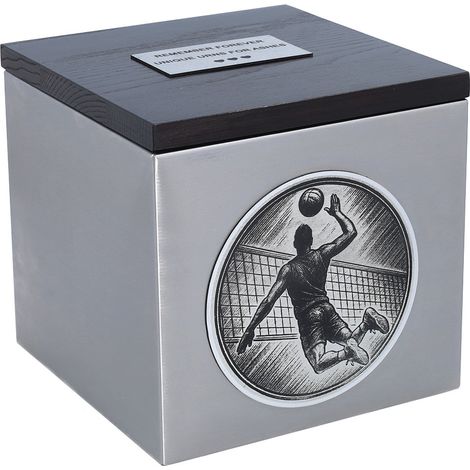 Urna funeraria de voleibol - Acero inoxidable y madera Urna funeraria de acero inoxidable con motivo de voleibol y tapa de madera (1/4)