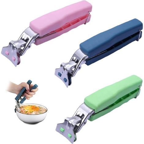 Juego de 3 pinzas antideslizantes para tazones de cocina, pinzas de acero inoxidable, pinzas de silicona resistentes al calor, pinzas para levantar platos calientes, soporte antiescaldaduras (1/4)