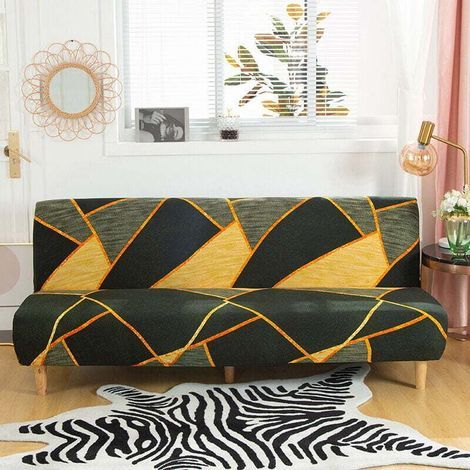 Housse de canapé extensible sans accoudoirs, universelle, entièrement doublée, pliable, facile à installer et à nettoyer, pour canapé-lit 3 places, motif marbre jaune-Crezuo (1/4)