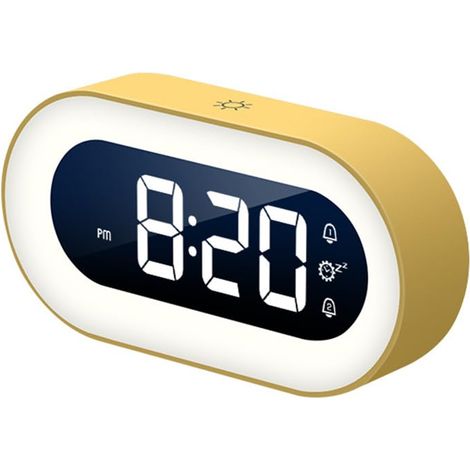 Réveil matin avec veilleuse intégrée, grand affichage chiffres épais, volume réglable, format 12/24h, fonction répétition, petite horloge de bureau pour chambre et chevet (Jaune) (1/5)