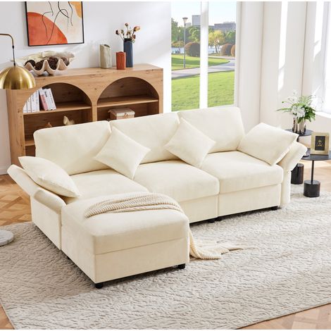 Canapé d’angle modulable 3 places chenille beige avec pouf et accoudoirs réglables - CHICFURN (1/5)
