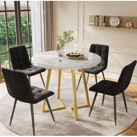 Set tavolo da pranzo 5 pezzi, tavolo rotondo 80 cm in MDF bianco, sedie in velluto nero HAVRYA (1/5)