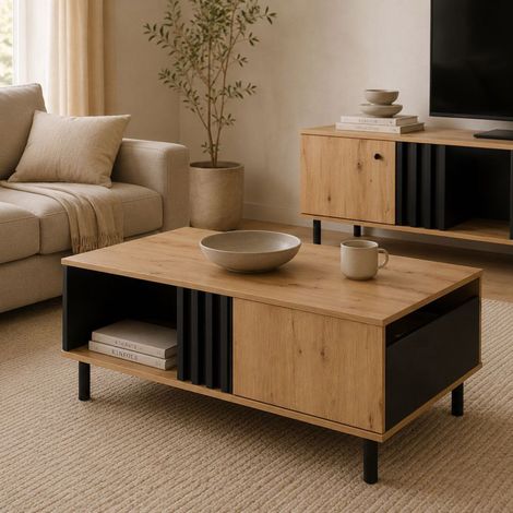 Mesa de Centro Kasese, un Cajón, con Patas, un Compartimento, 100x60x4h cm Roble Marrón con Nudos (1/4)