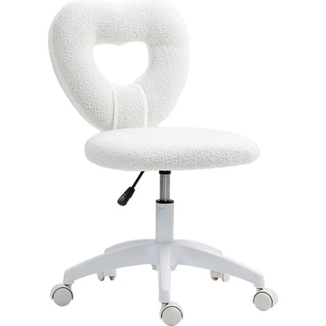 Chaise de bureau pivotante en Teddy-Fleece blanche avec dossier en forme de cœur, sans accoudoirs, hauteur réglable (1/5)