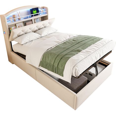 Cama con Arcón 90x200 cm, Cama Individual de Tela con LED, 3 USB y 1 Tipo-C, Beige (1/5)