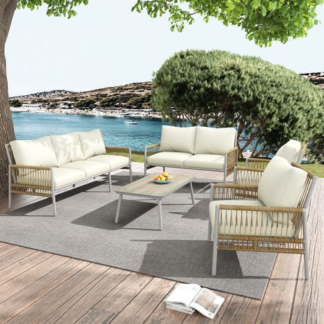 Salon de jardin 7 places : rotin PE, acier galvanisé, verre trempé effet bois, coussins amovibles lavables, beige (1/5)