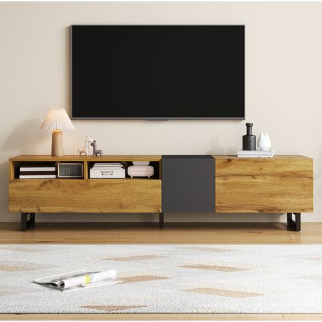 Mueble TV color madera y gris oscuro, 170 x 36,5 x 42 cm, 3 puertas, 2 nichos HAVRYA (1/5)
