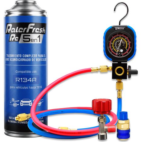 Pack gas refrigerante 1 botella Ralerfresh RC R134 5en1 500ml con llave, manómetro RF31 y conectores
