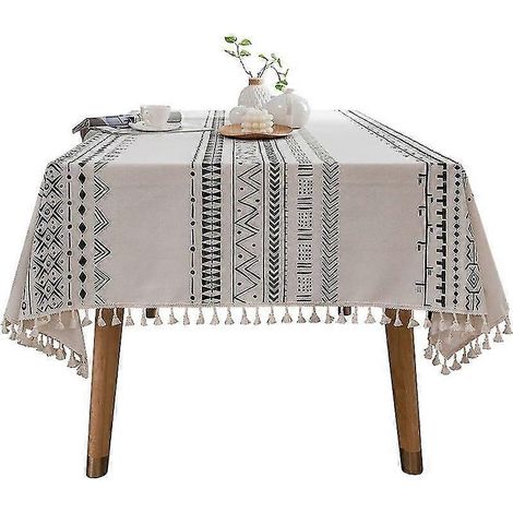 Nappe bohème (90 x 90 cm) en coton et lin, jetable, style ethnique, à pompons rectangulaires, imperméable et résistante à l'huile. (1/4)
