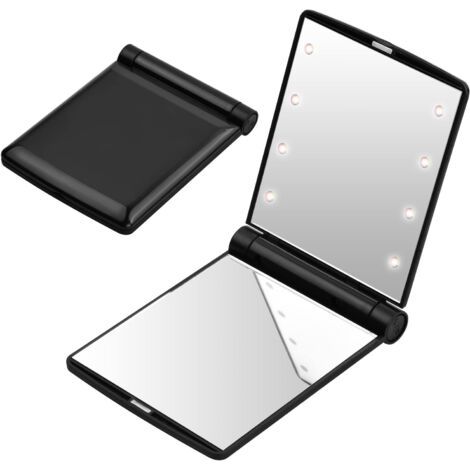 Faltbarer LED-Taschenspiegel - Schwarz, Reise-Taschenspiegel, kleiner Faltspiegel, tragbarer Make-up-Spiegel, Handtaschenspiegel, Taschenspiegel mit 8 LED-Leuchten, Geschenk für Frauen (1/5)