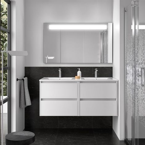 Ensemble de meubles de salle de bains NOJA 1200 4 tiroirs BLANC SATINÉ + vasque + miroir (1/2)