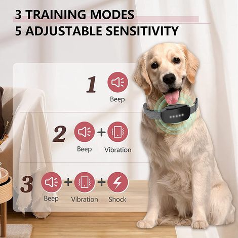 Collier anti-aboiements pour chiens, dispositif de dressage réglable, modes bip + vibration + choc, étanche, chargement USB, convient aux chiens de grande, moyenne et petite taille. (1/2)