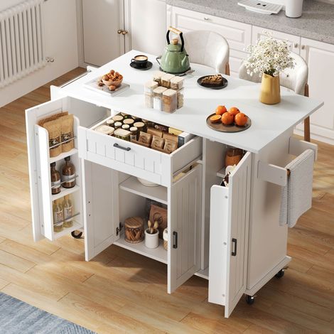 Kücheninsel mit klappbarer Arbeitsplatte, Küchenwagen auf Rollen, Küchenschrank mit 4 Türen und 1 Schublade, integrierten Gewürzregalen in den Türen, doppelseitigen Handtuchhaltern, weiß,120×45(70)×95