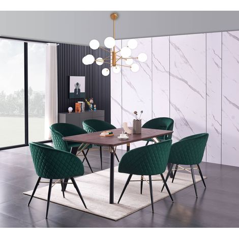Cosmo LUX Vittorio Dining Set - a Walnut Wooden Dining Table and Set of 6 Green Velvet Dining Chairs - Dining Room Kitchen (1/5)