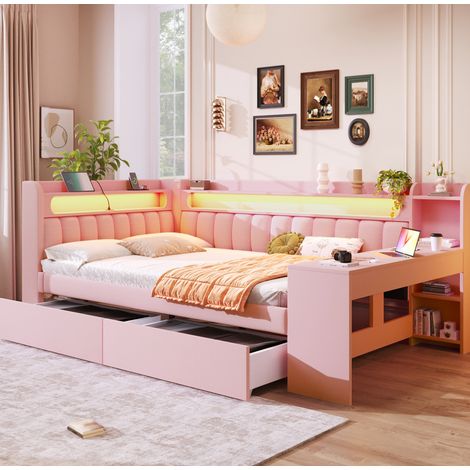 Cama diván tapizada 140x200 cm rosa con cabecero, LED, USB, escritorio integrado y 2 cajones