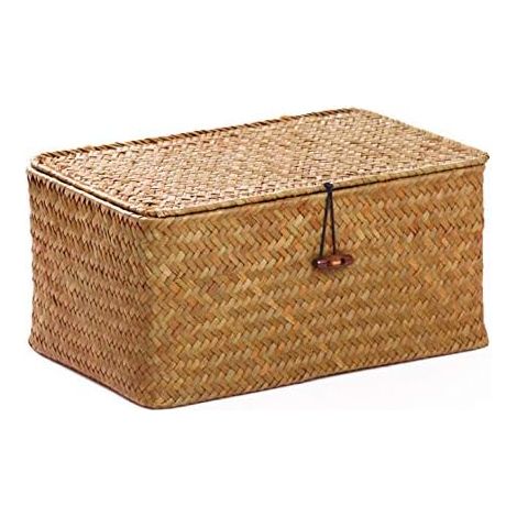 APEX Panier de rangement pour algues avec couvercle, panier en osier naturel (26 cm x 16 cm x 10 cm de hauteur)