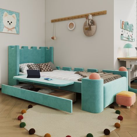 Lit enfant 90x200 cm en bois et velours bleu-vert, avec rangement pour chambre FloraGrace (1/5)