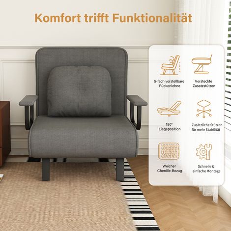 Fauteuil relax fonction allongée dossier réglable 5 positions, revêtement chenille supports dépliables position 180°, lecture canapé-lit, gris, coloris gris (1/5)