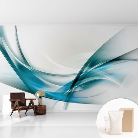 Fototapete - Tapete Vliestapete mit Kleber - Wandtapete Moderne Wandbild Schlafzimmer Wohnzimmer Blaue Wellen 416x254 cm (1/5)