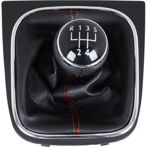 Pomo de palanca de cambios VW Golf V 03-08 + funda negra con hilo rojo y marco cromado de 5 velocidades (1/5)