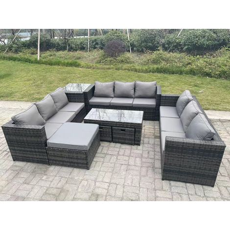 Fimous Extérieur en rotin salon de jardin canapé ensemble avec Table basse rectagulaire grand repose-pieds et 2 petits tabourets Table d’appoint (1/5)