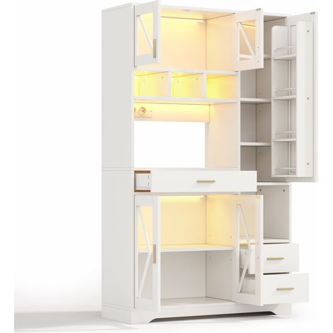 Vaisselier haut style grange, buffet avec vitrine LED multicolore et prises, armoire de cuisine MDF avec tiroir, 105x40x185 cm