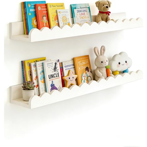 Lot de 2 Étagères flottantes en bois pour chambre d'enfant 58cm, design ondulé anti-chute, rangement livres pour bébé et tout-petit
