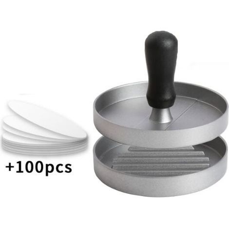 1PC Presse à Burger Moule Steak Haché en Aluminium Revêtement Antiadhésif + 100 Feuilles De Papier , Ustensiles Cuisine pour Faire Délicieux Hamburgers, Galettes Et Barbecues, Argent (1/4)