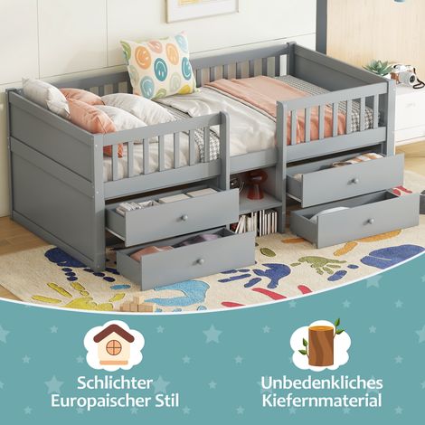 Lit surélevé en pin massif 90x200 cm avec 4 tiroirs de rangement, barrière de protection et échelle, sans sommier ni matelas, design épuré gris (1/5)
