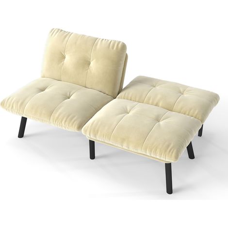 Sofá cama plegable de 2 plazas color crema, con estructura metálica y tapizado de terciopelo, HOMVRA (1/5)