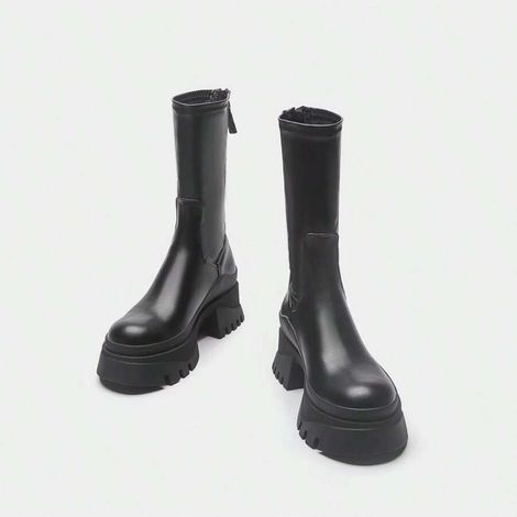 Bottines courtes pour femmes, à semelle épaisse et rainurée, montantes à mi-mollet avec fermeture éclair arrière (1/5)