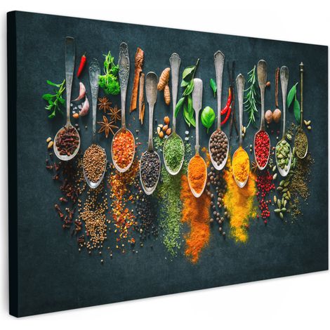 TABLEAU SUR TOILE Herbes - Épices - Cuillères Tableau Cuisine Décoration murale 90x60 cm