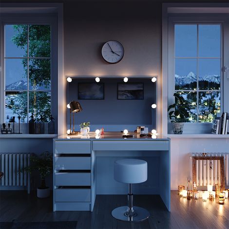 Schminktisch Sherry, Weiß/Gold, 120 cm mit LED Beleuchtung und Hocker, Vicco