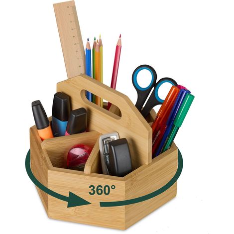 Relaxdays Grand pot à crayons, rotatif, pour vos stylos ou vos ciseaux, H x L x P : 15 x 17 x 19 cm, nature