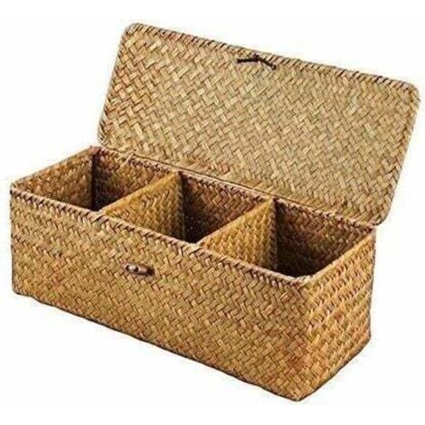 [NEVER USED] Storage Basket with Lid Rectangular Wicker Trunk with Organizable Compartments Toilet Paper Snack Toys