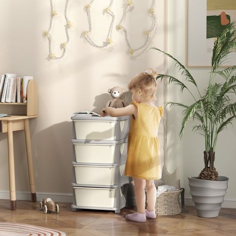Caja organizadora infantil (37x37x76 cm), 4 cajones extraíbles, asiento, plástico, blanco crema (1/5)