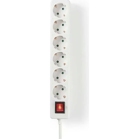 Regleta de enchufes  Tipo F (CEE 7/7)  6 tomas  1,50 m  3680 W  16 A  Toma de tierra: Contactos laterales  230 V CA 50/60 Hz  Ángulo de la toma: 45°  H05VV-F 3G1,5 mm²  Interruptor de encend (1/3)