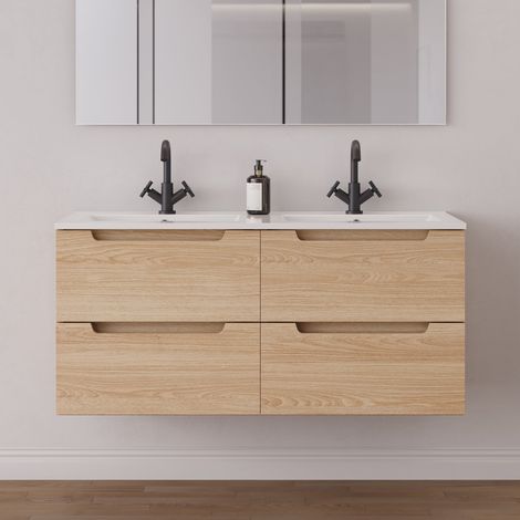 Meuble de salle de bain 120cm double vasque - 4 tiroirs - sans miroir - roble era (chêne clair) - SONRIZA (1/5)