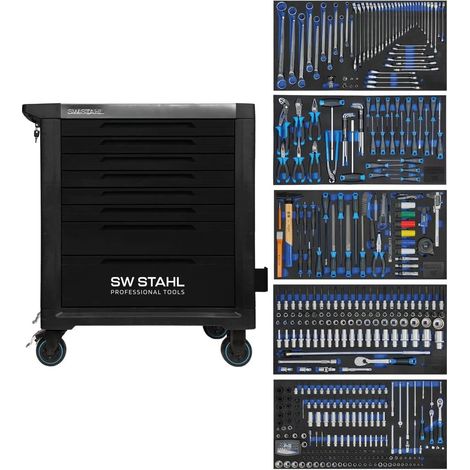 SW-Stahl Z3201 Profi Werkstattwagen TT802 schwarz I 8 Schubladen I 5 Schubladen gefüllt I 434 teilig I Werkstatt Rollwagen mit Werkzeug bestückt I Twin-Lock I Werkstattwagen kit I voll ausgestattet (1/5)