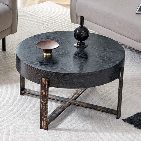 Table d’appoint ronde noire Ø 68 cm, hauteur 39 cm, plateau épais 9,6 cm, piètement croisé métal, 120 kg