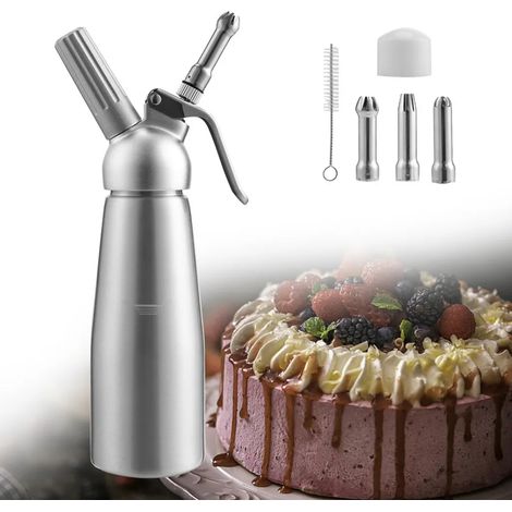 Siphon à crème Jiubiaz 0,5 L en aluminium avec 3 embouts décoratifs en acier inoxydable et une brosse de nettoyage pour la préparation de crème fouettée, crème et mousse. Cartouches de protoxyde d'azo (1/5)