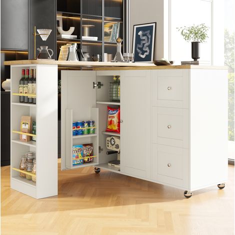 Mueble de cocina isla móvil giratoria 360°, 135-203 x 39 x 106 cm, 3 cajones, blanco DESVIAE (1/5)