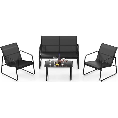 COSTWAY Salon de Jardin 4 Pièces avec 2 Chaises Table en Verre Trempé et Causeuse, Ensemble de Meuble Extérieur en Tissu Respirant Cadre Métallique, pour Porche Bord de Piscine Balcon (1/5)