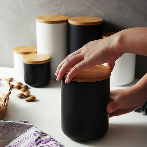 Bocaux en céramique hermétiques avec couvercle en bambou, parfaits pour la conservation en grande quantité dans la cuisine : épices, thé, café, etc. (1/5)