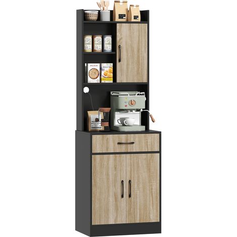 Mueble de cocina con encimera y orificio para cables, cómoda de cocina moderna con cajón, 3 estantes abiertos, madera natural, negro. (1/5)