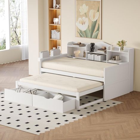 Canapé-lit 90 x 200 cm, lit gigogne 90 x 190 cm avec deux tiroirs, grand compartiment de rangement et panier de rangement, prise USB, lit simple en bois, blanc (1/5)