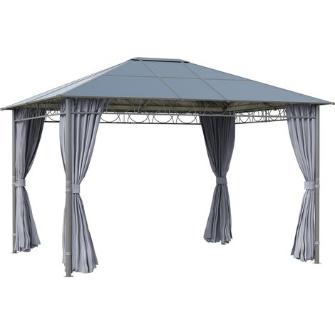 Outsunny 3 x 3.6m Hardtop Gazebo Canopy with Polycarbonate Roof, Permanent Pavilion Garden Gazebo with Curtains for Patio, Deck, Grey